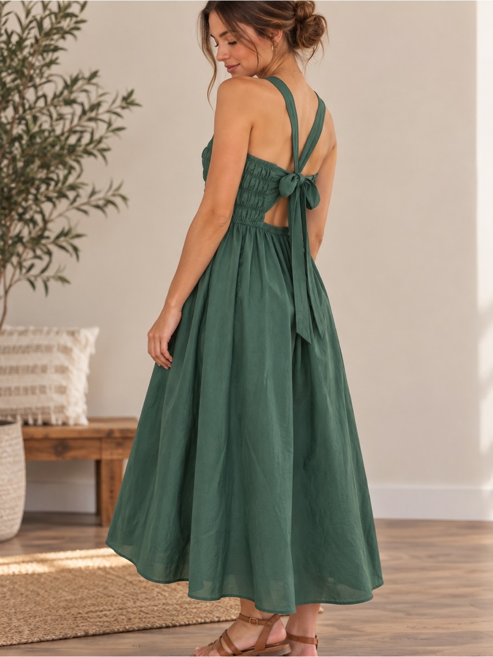 Sancia | Anthropologie | Smocked Cutout Tie Back Midi | Green | S